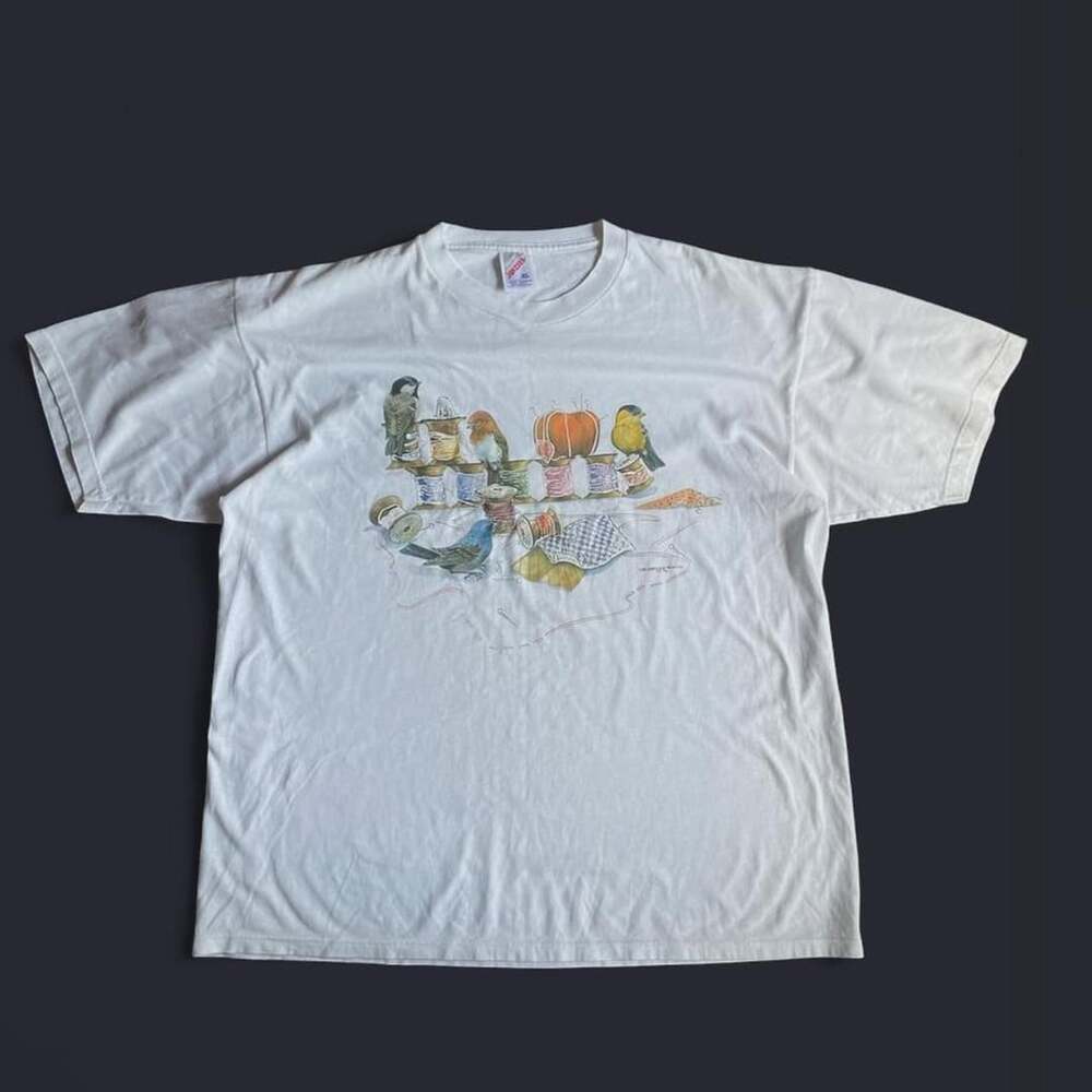 Vintage Grandma Shirt Mens XL Birds Sewing 90s Nature
